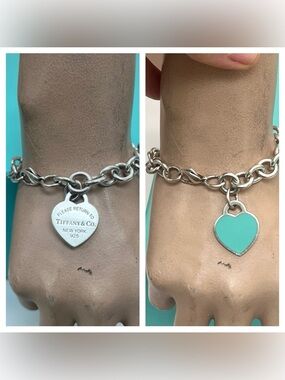 🔴Authentic TIFFANY & CO Silver RTT Blue Enamel Heart Charm Link Bracelet 🔴